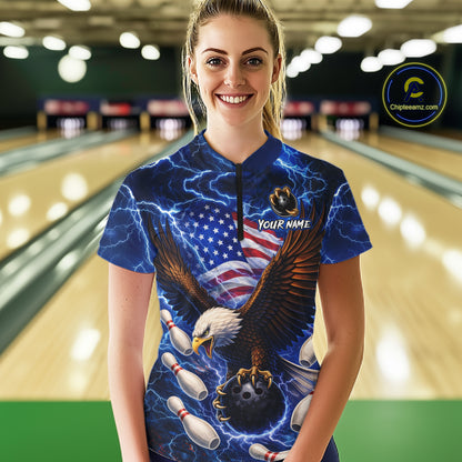 Blue Lightning Thunder US Flag Eagle Bowling Shirts for Women Custom Patriotic Team Bowling Jerseys NQS11580