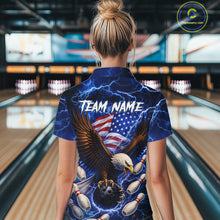 Load image into Gallery viewer, Blue Lightning Thunder US Flag Eagle Bowling Shirts for Women Custom Patriotic Team Bowling Jerseys NQS11580
