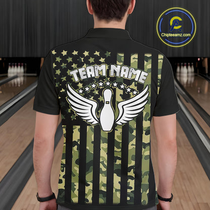 Black and Green Camo American Flag Bowling Shirts For Men Custom patriotic Bowling Team Jerseys NQS11177