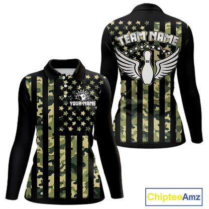 Black and Green Camo American Flag Bowling Shirts For Women Custom patriotic Bowling Team Jerseys NQS11177