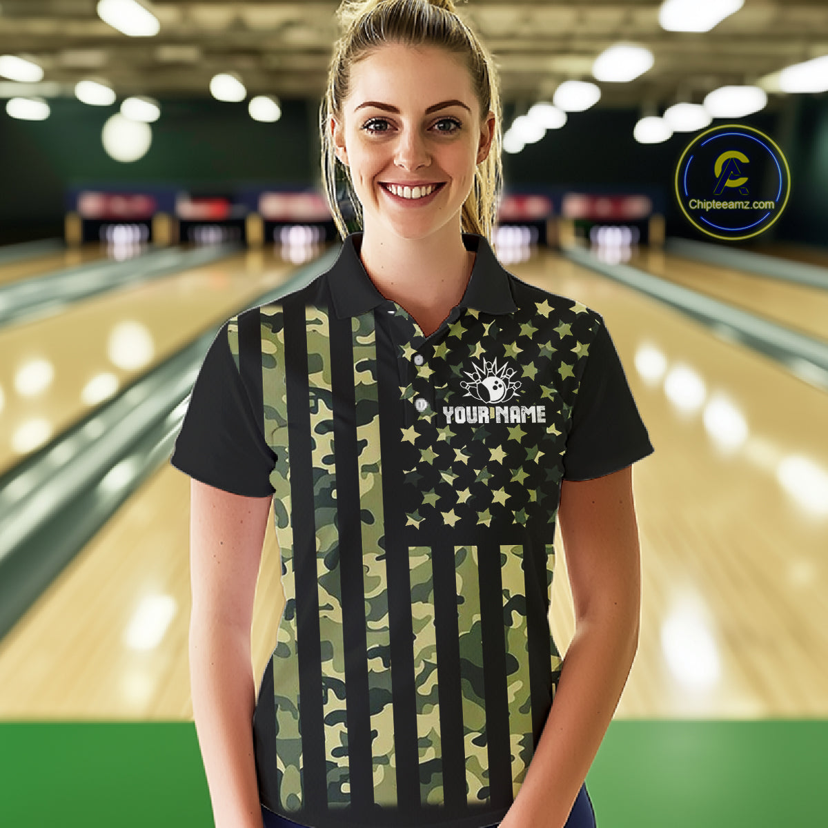 Black and Green Camo American Flag Bowling Shirts For Women Custom patriotic Bowling Team Jerseys NQS11177
