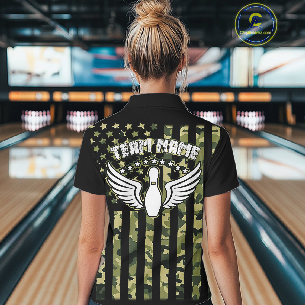 Black and Green Camo American Flag Bowling Shirts For Women Custom patriotic Bowling Team Jerseys NQS11177