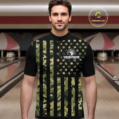Black and Green Camo American Flag Bowling Shirts For Men Custom patriotic Bowling Team Jerseys NQS11177