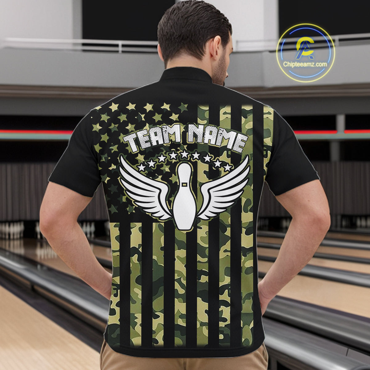 Black and Green Camo American Flag Bowling Shirts For Men Custom patriotic Bowling Team Jerseys NQS11177