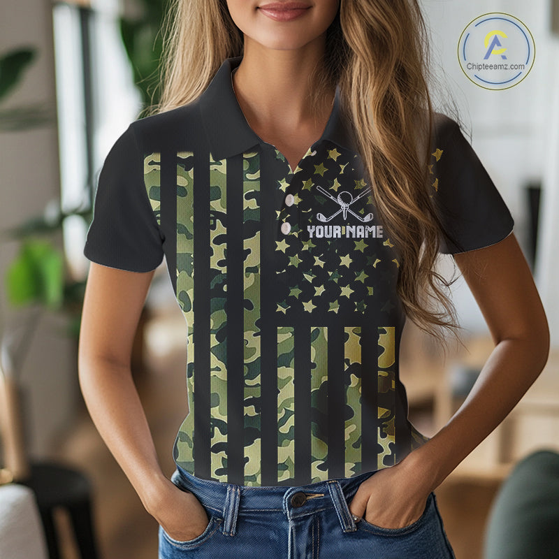 Black and Green Camo American Flag Golf Polo Shirts For Women Custom patriotic ladies's golf clothing NQS11178