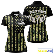 Load image into Gallery viewer, Black and Green Camo American Flag Golf Polo Shirts For Women Custom patriotic ladies's golf clothing NQS11178