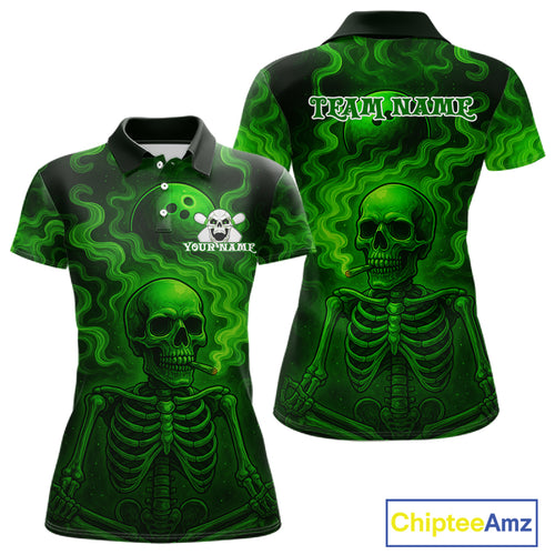 Custom Green Smoke Skull Bowling Polo, Quarter Zip Shirts For Women, Skull Team Bowling Jersey NQS10798