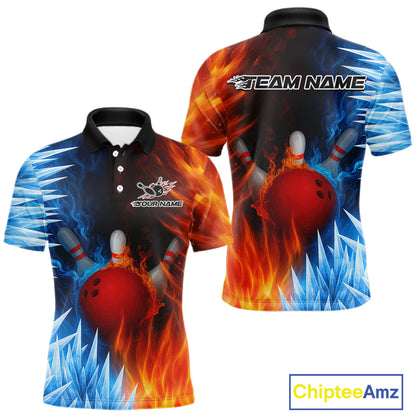 Fire and Ice Pattern Bowling Polo, Quarter Zip Shirts For Men Custom Flame Team Bowling Jerseys NQS11184