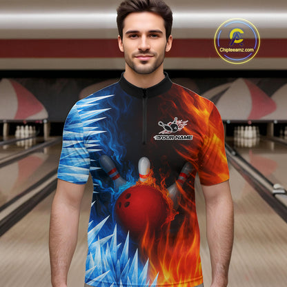 Fire and Ice Pattern Bowling Polo, Quarter Zip Shirts For Men Custom Flame Team Bowling Jerseys NQS11184