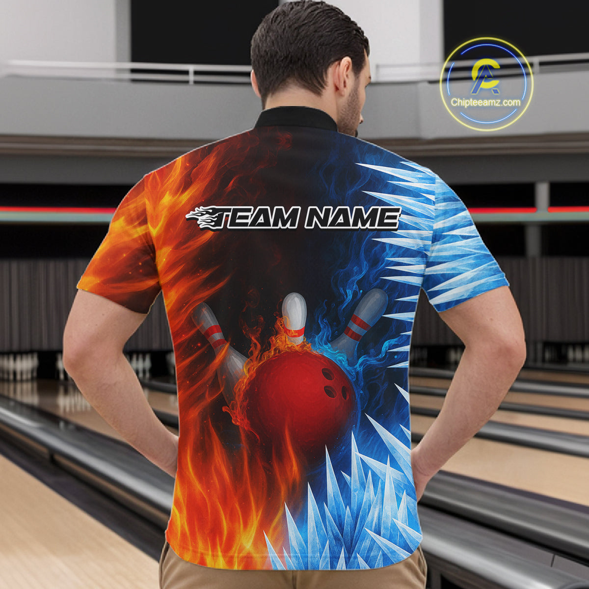 Fire and Ice Pattern Bowling Polo, Quarter Zip Shirts For Men Custom Flame Team Bowling Jerseys NQS11184