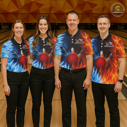 Fire and Ice Pattern Bowling Polo, Quarter Zip Shirts For Women Custom Flame Team Bowling Jerseys NQS11184