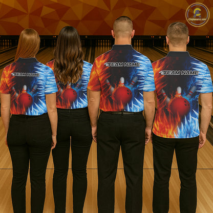 Fire and Ice Pattern Bowling Polo, Quarter Zip Shirts For Women Custom Flame Team Bowling Jerseys NQS11184