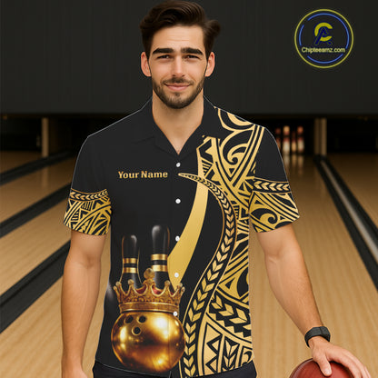 Black and Gold crown Bowling ball pins Hawaiian Shirts Custom Bowling Team jerseys NQS11592