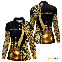 Load image into Gallery viewer, Black and Gold crown Bowling ball pins Polo, Quarter Zip Shirts for Women Custom Bowling Team jerseys NQS11592