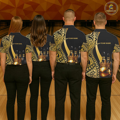 Black and Gold crown Bowling ball pins Polo, Quarter Zip Shirts for Men Custom Bowling Team jerseys NQS11592