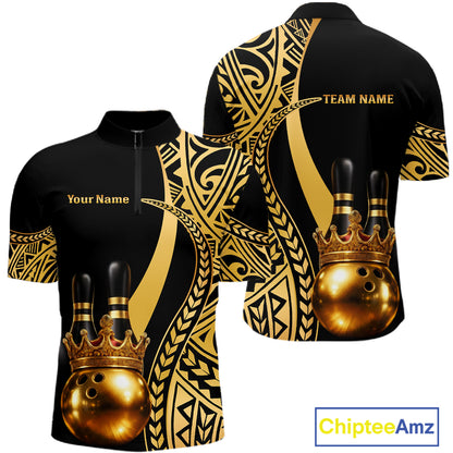 Black and Gold crown Bowling ball pins Polo, Quarter Zip Shirts for Men Custom Bowling Team jerseys NQS11592