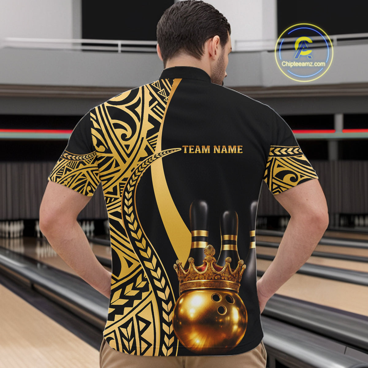 Black and Gold crown Bowling ball pins Polo, Quarter Zip Shirts for Men Custom Bowling Team jerseys NQS11592