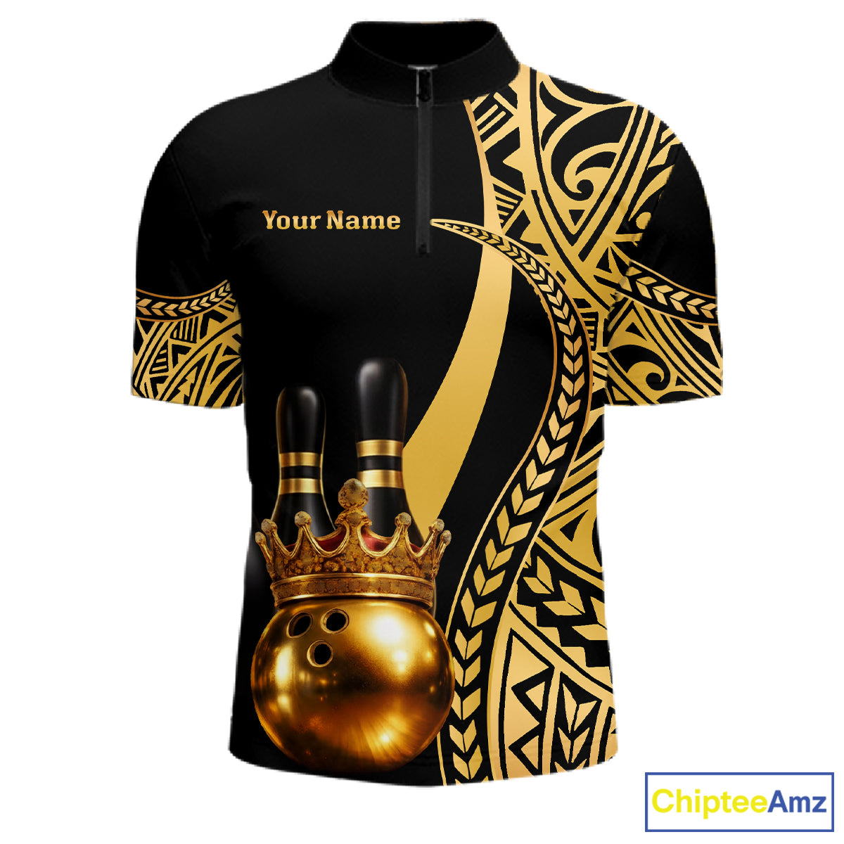 Black and Gold crown Bowling ball pins Polo, Quarter Zip Shirts for Men Custom Bowling Team jerseys NQS11592