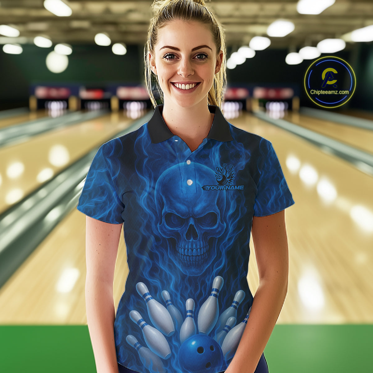 Blue Smoke Flame Skull Bowling shirts for Women custom Bowling Team Jersey, Gift For Bowler NQS10810