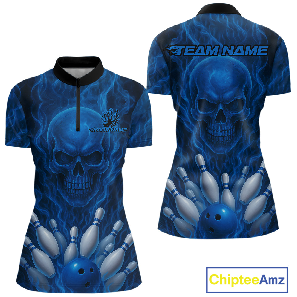 Blue Smoke Flame Skull Bowling shirts for Women custom Bowling Team Jersey, Gift For Bowler NQS10810