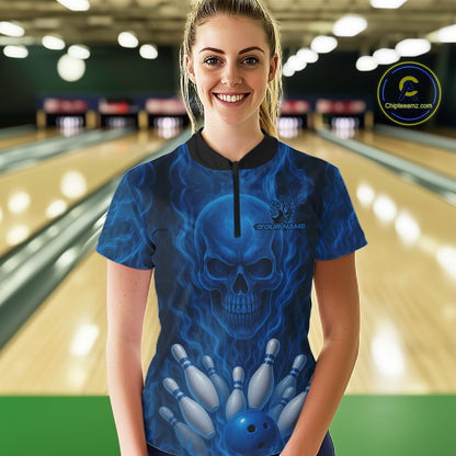 Blue Smoke Flame Skull Bowling shirts for Women custom Bowling Team Jersey, Gift For Bowler NQS10810