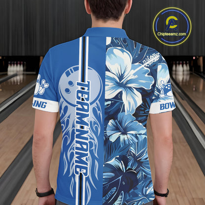 Blue tropical flower Flame Bowling Polo, Quarter Zip Shirts For Men Custom Bowler Gift Bowling Team NQS10990