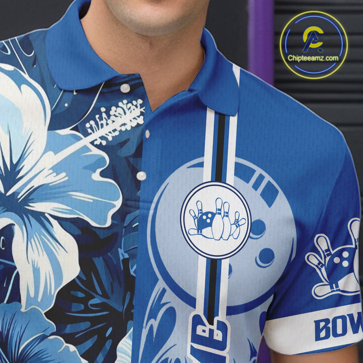 Blue tropical flower Flame Bowling Polo, Quarter Zip Shirts For Men Custom Bowler Gift Bowling Team NQS10990