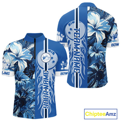 Blue tropical flower Flame Bowling Polo, Quarter Zip Shirts For Men Custom Bowler Gift Bowling Team NQS10990