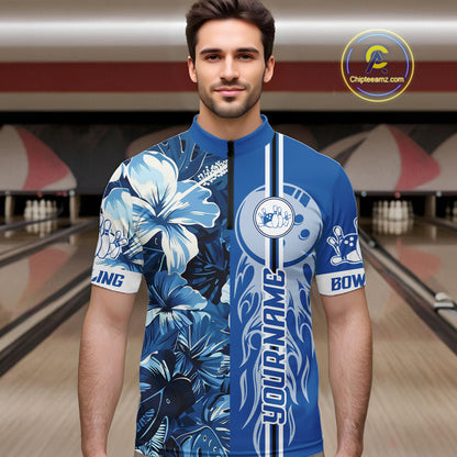 Blue tropical flower Flame Bowling Polo, Quarter Zip Shirts For Men Custom Bowler Gift Bowling Team NQS10990