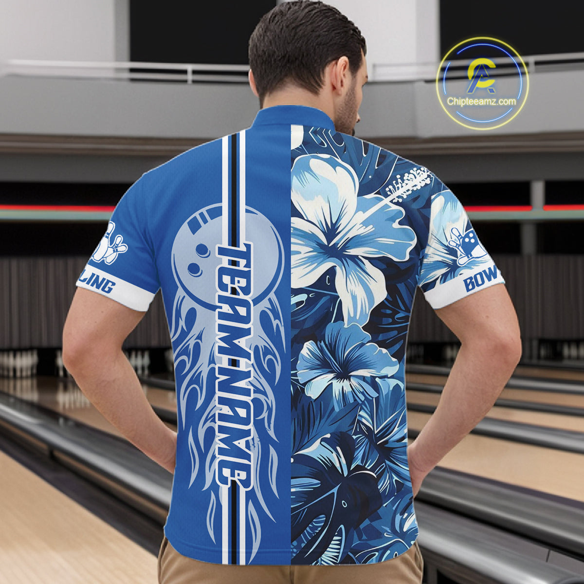 Blue tropical flower Flame Bowling Polo, Quarter Zip Shirts For Men Custom Bowler Gift Bowling Team NQS10990