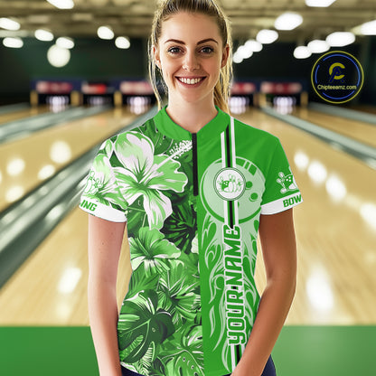 Green tropical flower Flame Bowling Polo, Quarter Zip Shirt For Women Custom Bowler Gift Bowling Team NQS10991