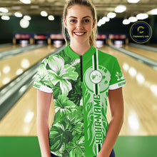 Load image into Gallery viewer, Green tropical flower Flame Bowling Polo, Quarter Zip Shirt For Women Custom Bowler Gift Bowling Team NQS10991