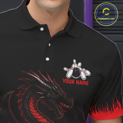 Black and Red Flame Dragon Bowling Polo, 1/4 zip shirts for Men Custom Dragon team bowling jerseys NQS11482