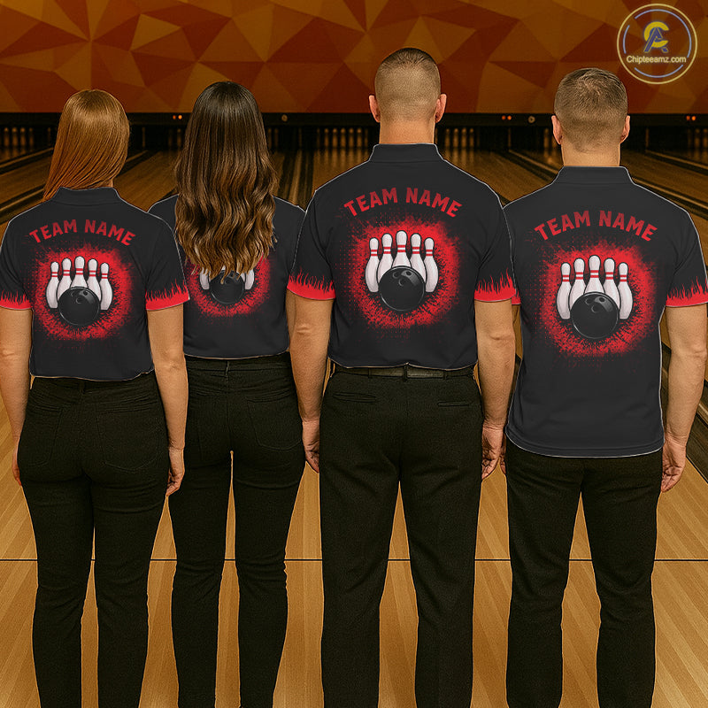 Black and Red Flame Dragon Bowling Polo, 1/4 zip shirts for Men Custom Dragon team bowling jerseys NQS11482