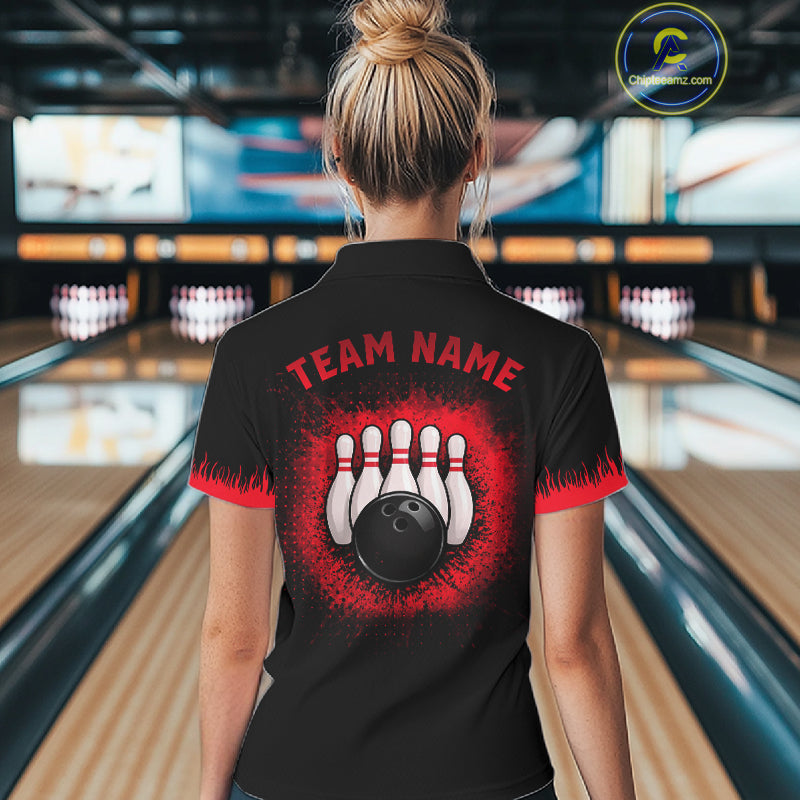 Black and Red Flame Dragon Bowling Polo, 1/4 zip shirts for Women Custom Dragon team bowling jerseys NQS11482