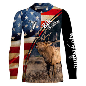 American flag Elk Hunting Shirts for Men, Custom Name Patriotic Elk Hunting Shirts FSD3007