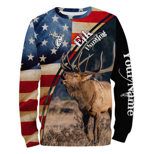 American flag Elk Hunting Shirts for Men, Custom Name Patriotic Elk Hunting Shirts FSD3007