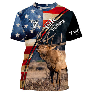 American flag Elk Hunting Shirts for Men, Custom Name Patriotic Elk Hunting Shirts FSD3007