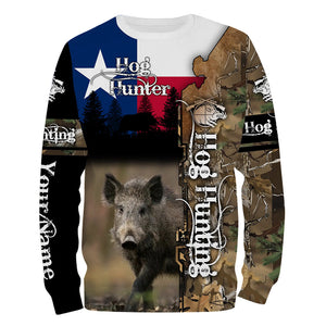 Wild Hog Hunting Texas Flag Camo Custom Name Shirts, TX Hog hunting shirt for hunter FSD332