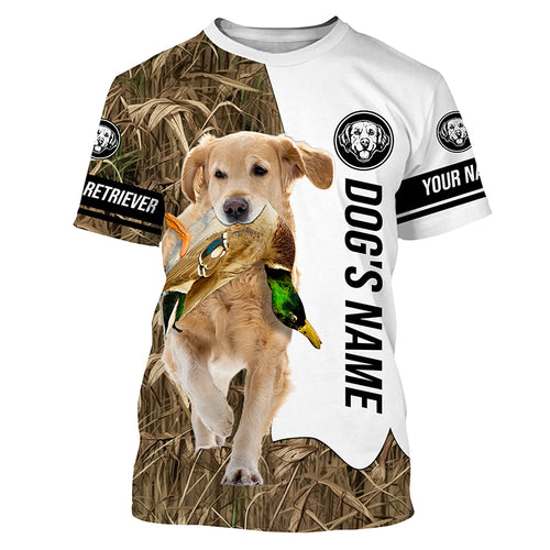 Duck Hunting with Light Golden Retriever Dog Custom Name Camo Full Printing Shirts, Hoodie FSD3587