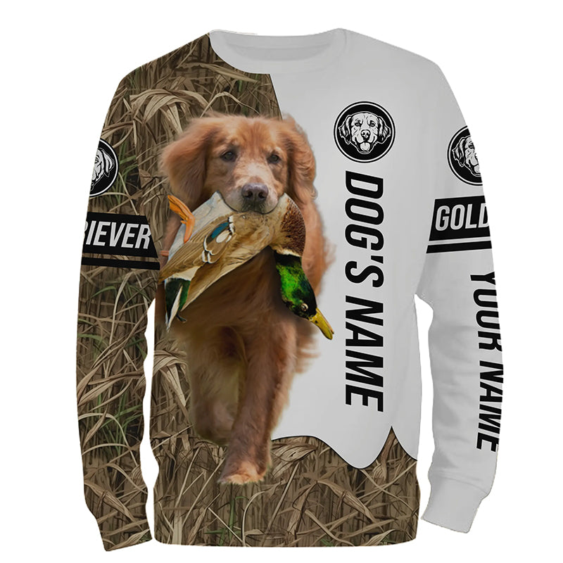 Duck Hunting with Red Golden Retriever Dog Custom Name Camo Full Printing Shirts, Hoodie FSD3588