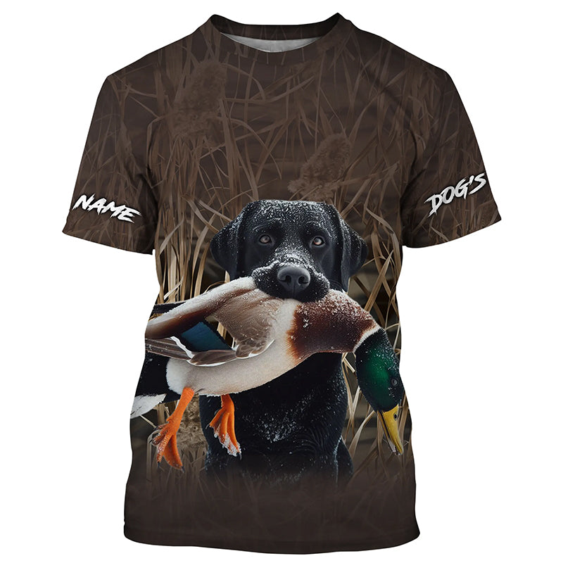 Duck Hunting with Dog Black Labrador Waterfowl Camo Custom Name Shirts, Duck Hunting Clothes FSD4536