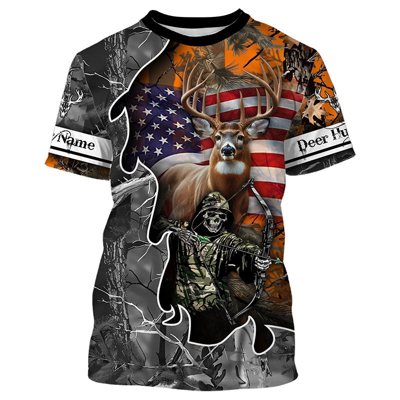 Deer Hunting American Flag Grim Reaper Custom Name camouflage Shirts for Hunters, Hunting Clothing FSD358