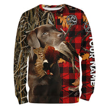 Load image into Gallery viewer, Chocolate Labrador Pheasant Hunting Dog Red Plaid Camo Custom Name Shirt, Christmas Gifts for Hunters FSD4239