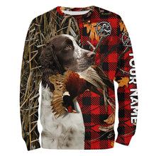 Load image into Gallery viewer, English Springer Spaniel Pheasant Hunting Dog Red Plaid Camo Custom Name Shirt, Christmas Gifts for Hunters FSD4241