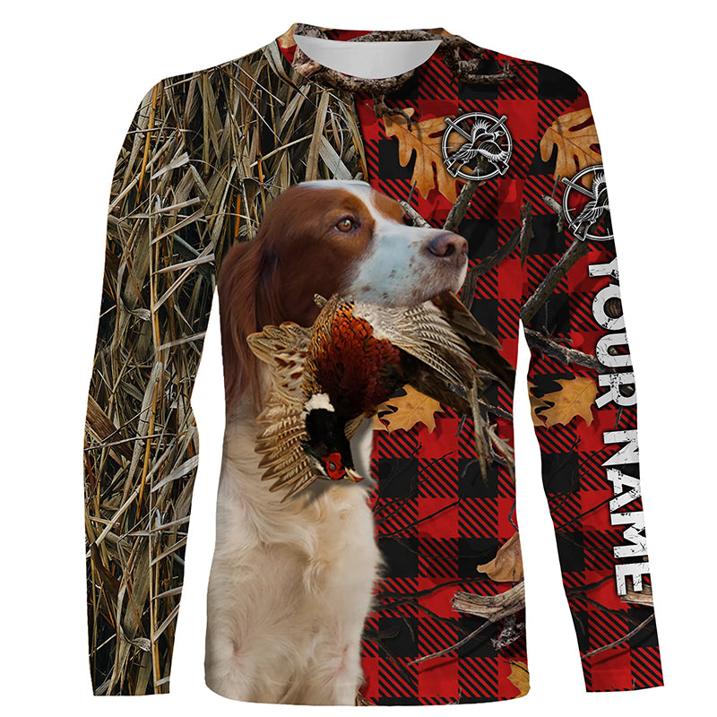 Irish Red & White Setter Pheasant Hunting Dog Red Plaid Camo Custom Name Shirts, Christmas Gifts for Hunters FSD4248