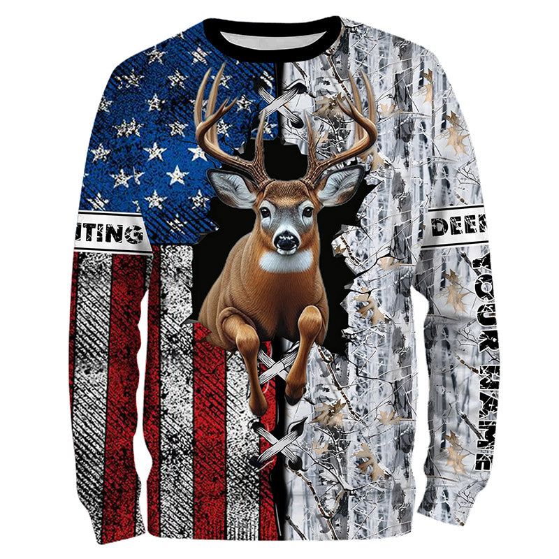 Deer Hunting American flag snow winter camo Custom name Shirts, Deer Hunting Gifts FSD896