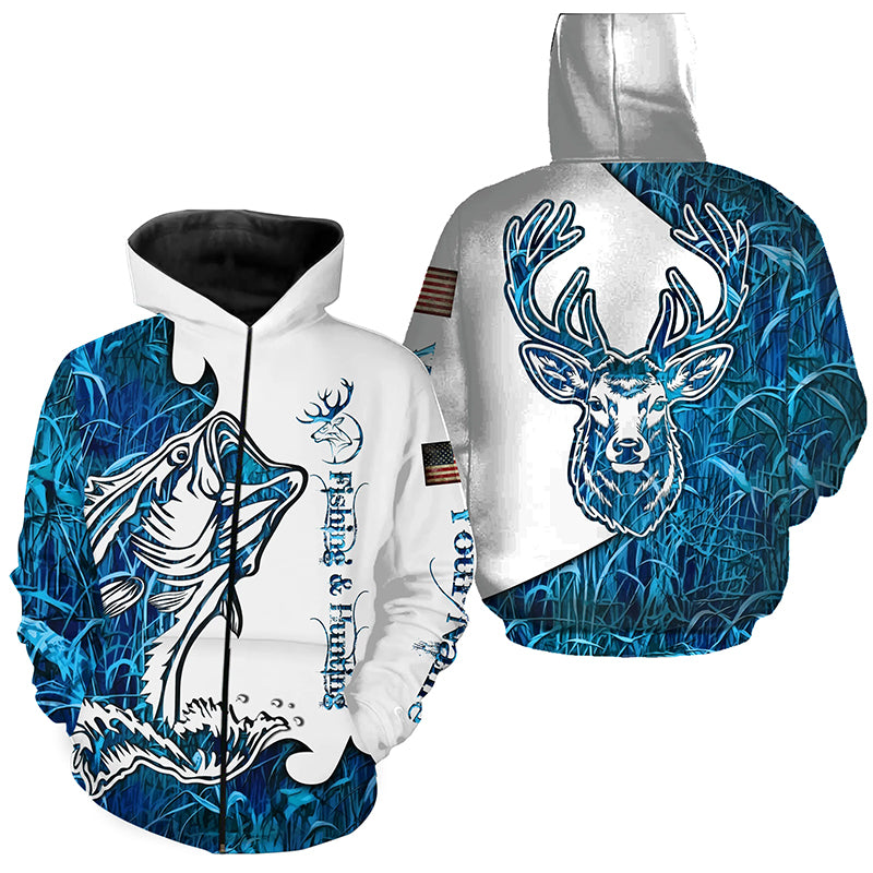 Fishing and Hunting Deer and Bass blue camo all over print Shirt, Hoodie - Personalized Gifts FSD3189