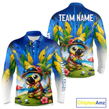 Load image into Gallery viewer, Personalized tropical parrot mens golf polo shirt, funny Hawaiian bird golf jersey, side view.