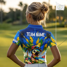 Load image into Gallery viewer, Personalized tropical parrot womens golf polo shirt, funny Hawaiian bird golf jersey, side view.